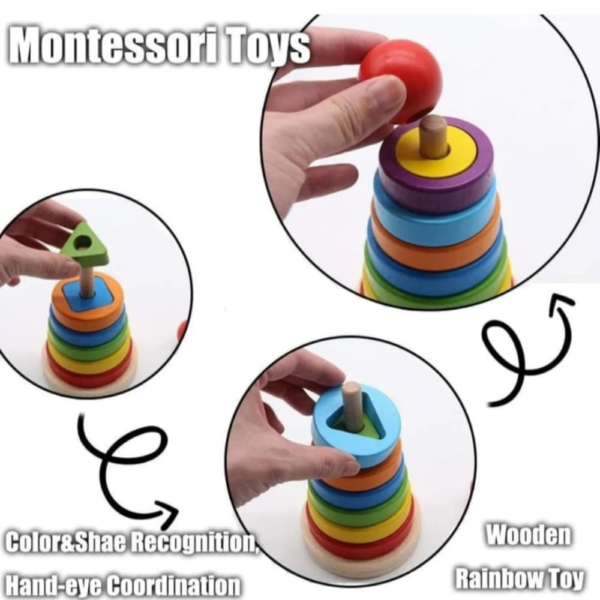 Wooden Rainbow Tower with Shapes - Sorting & Stacking Rings - Image 2
