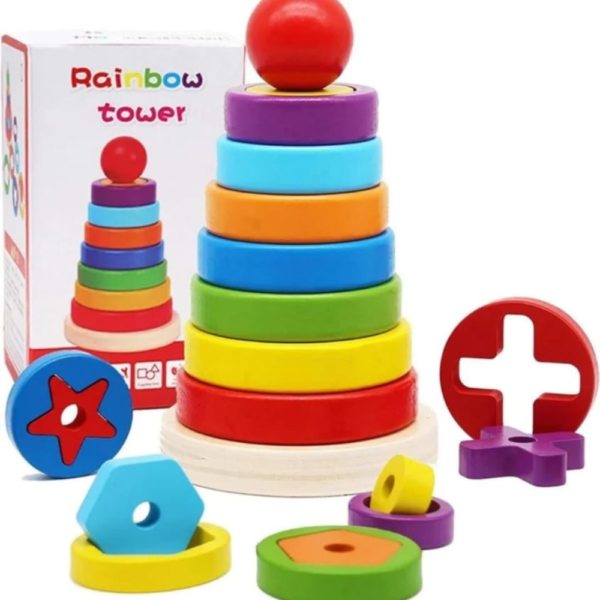 Wooden Rainbow Tower with Shapes - Sorting & Stacking Rings